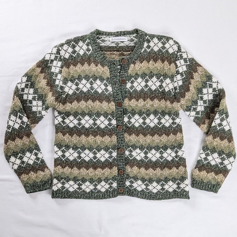 VTG Green Brown Wool Chunky Knit Argyle Button Up Cardigan Sweater Academia